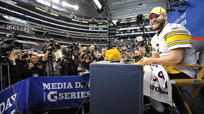Steelers quarterback Ben Roethlisberger answers questions during Super Bowl Media Day.