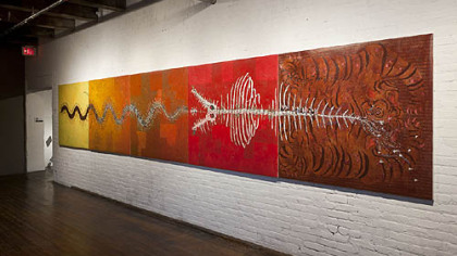 Douglas Perez's five-panel "Ecosystem", a 2009 oil on canvas.