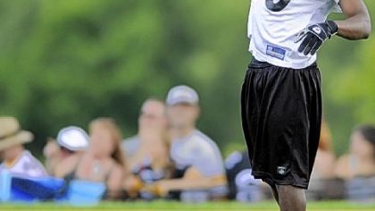 Injured Steelers' receiver Emmanuel Sanders pulls in a pass during training camp Wednesday.