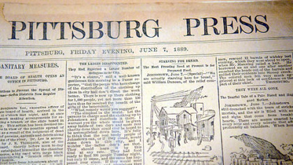 H-less Pittsburg on the nameplate of the Pittsburg Press dated Friday, June 7, 1889.