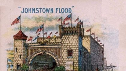 This poster shows an attraction on Atlantic City's Boardwalk called "Johnstown Flood." Inside the pavilion, tourists saw images of the disaster.