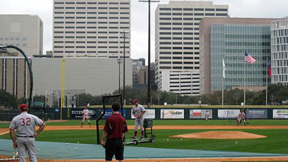 Stanford takes batting practice at Reckling Park. The light tower that Rice's Anthony Rendon struck in November is in the background.