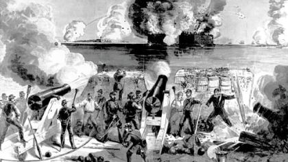 The bombardment of Fort Sumter as seen from the Confederate battery in Fort Johnson during the Civil War.