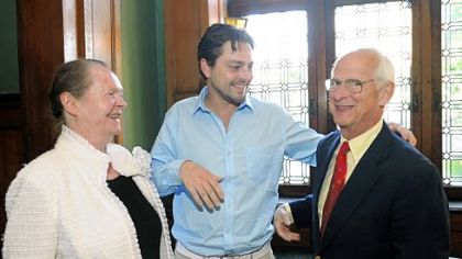 Lucy Rawson (left) with her son Edward Rawson (center) and Jim Chaplin.