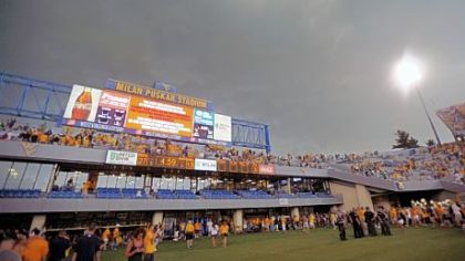 Fans exit the stadium during a weather delay at the West Virginia and Marshall NCAA college football game, Sunday, Sept. 4, 2011 in Morgantown, W.Va. Fans were told to leave their seats midway through the third quarter with West Virginia leading 27-13. It marked the fourth stadium to be cleared due to storms that started Saturday in the Midwest.