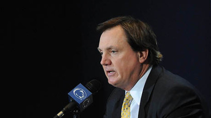 Michael Henninger/Post-Gazette
Interim coach Tom Bradley speaks at news conference Thursday at Beaver Stadium.