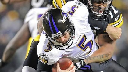 James Harrison wraps up Baltimore's Joe Flacco last season.