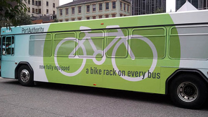 A Port Authority bus emblazoned with a new message for bicyclists.