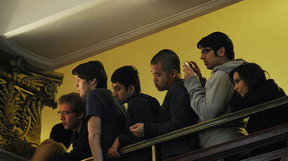 Students listen to Vice President Joe Biden from the second level of the Connolly Ballroom in Alumni Hall.