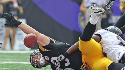 Steelers tight end Heath Miller looses control of a pass from Roethlisberger in the fourth quarter against the Ravens.