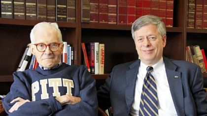 William S. Dietrich II, left, with University of Pittsburgh chancellor Mark Nordenberg on Thursday, the day Pitt announced a record-setting gift of $125 million from Mr. Dietrich, a Pitt alumnus and board member and a former steel executive.