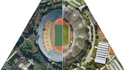 Olympic Stadiums: Tokyo 1964/Munich 1972 (detail from Global Cities, Model Worlds installation in Pittsburgh Biennial), Ryan Griffis, Lize Mogel, Sarah Ross, 2011