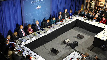 President Obama meets with the President's Council on Jobs and Competitiveness at the IBEW center.