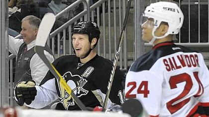 Jordan Staal celebrates his second goal of the game against New Jersey last Saturday, part of a hot start in which he has six goals and three assists through 11 games to tie James Neal for the team lead in points.