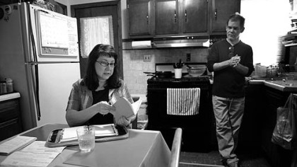 Tom Alberts talks with his wife, Jackie Gorski, in their North Huntingdon home.