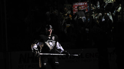 Penguins' Sidney Crosby is introduced before the game against the Islanders.