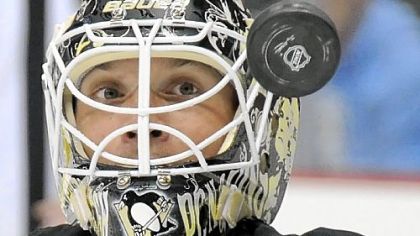 Penguins goalie Brent Johnson makes save against the Capitals Alex Ovechkin at the Consol Energy Center, Pittsburgh Pa.