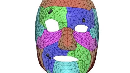 A region-based 3-D face model developed by Disney Research, Pittsburgh, and Carnegie Mellon University enables animators to add constraints, indicated by black markers on the model, to create expressions such as a wink and a smirk.