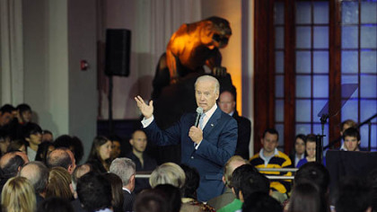 Vice President Joe Biden speaks to a crowd of about 400 students in the school's Alumni Hall.