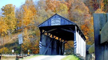 Afternoon sunlight bathes the Woods Covered Bridge in Center, Greene County, in 2001.
