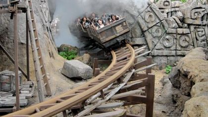 Riders brave the Raging Spirit coaster at Tokyo DisneySea theme park.
