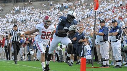 Penn State's Shawney Kersey catches a pass down to the 1 in the second half as the Nittany Lions attempted to come back. Defending is Alabama's Dee Milliner.