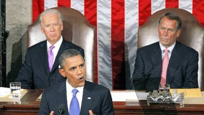 President Barack Obama speaks Thursday evening to a joint session of Congress. Behind the president are Vice President Joe Biden, left, and House Speaker John Boehner, R-Ohio.