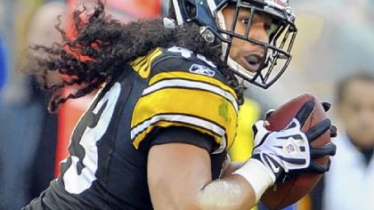 Troy Polamalu makes the iconic play of the 2010 season when he blitzes Baltimore quarterback Joe Flacco and knocks the ball loose to set up the winning touchdown.