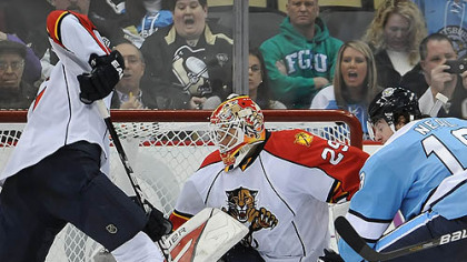 Penguins James Neal is stopped by Panthers goalie Tomas Vokoun during a game last season at the Consol Energy Center last season. Neal hopes to regain his scoring touch this season.