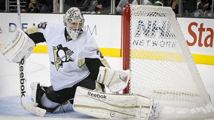 Penguins goalie Marc-Andre Fleury makes a save during the second period.