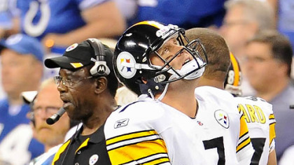 Ben Roethlisberger is slow to get up after taking a hit from Seattle Seahawks defensive end Raheem Brock late in the second quarter Sunday at Heinz Field.