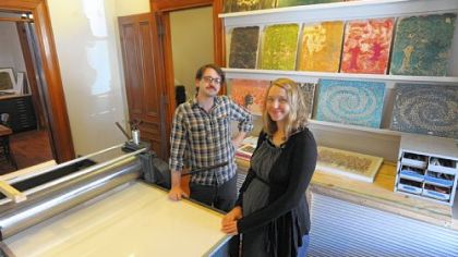 Husband and wife printmakers Paul Roden and Valerie Lueth at their home and studio in Lawrenceville on Friday.