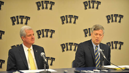 University of Pittsburgh Chancellor Mark Nordenberg speaks in a joint press conference with Athletic Director Steve Pederson  about the school's decision to move to the ACC (Atlantic Coast Conference).
