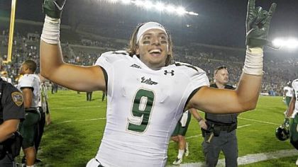 South Florida's Evan Landi celebrates the Bulls' 23-20 win at Notre Dame - the only marquee win for the Big East in a month that has seen the conference go 5-8 vs. BCS conference schools. South Florida is at Heinz Field Thursday.