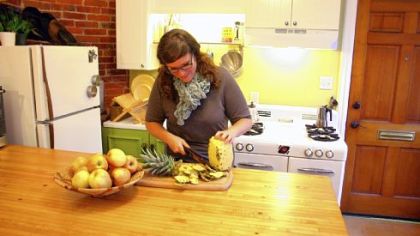 Lindsay O'Leary's kitchen, featuring a slab counter made from a re-used bowling lane.