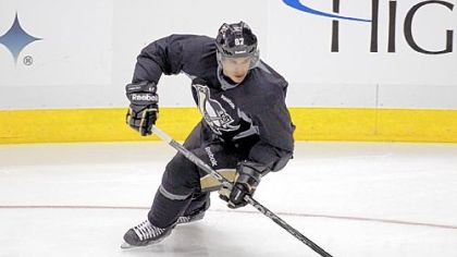 Sidney Crosby participates in practice Thursday. Crosby has not been restricted in drills at practices for weeks and reports are predicting he will return to playing in games soon.