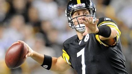 Steelers quarterback Ben Roethlisberger drops back to pass against the Falcons.