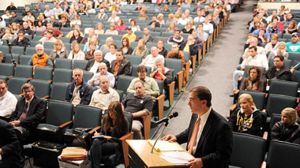 South Fayette Township solicitor Jonathan Kamin presents several motions at the start of a township zoning board hearing at South Fayette Township Middle School on Wednesday.