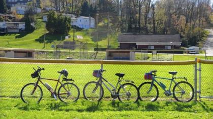 Bicycles are lined up by people attending a groundbreaking ceremony for the two new bridges being built on the Montour Trail in Cecil.