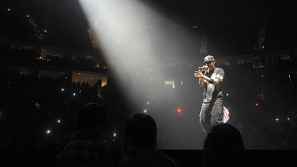 Jay-Z opens on a small stage in the center of Consol Energy Center and then joins Kanye West on the main stage.