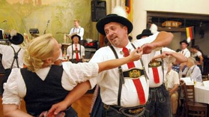 Donna and Dave Dickson with the dance group Alpen Schuhplattler und Trachtenverein D' Pittsburgher at the Bavarian Alpen Fest at Teutonia Mannerchor.