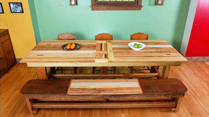 Vincent Trevellini of San Francisco returned to his native Pittsburgh and created a table and bench using his grandmother's table, a church confessional and pew, mahogany door jambs, oak handrails, and doors and planks made of oak, poplar, maple and cherry.