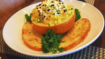 Locro Andean stew, a small pumpkin filled with pureed butternut squash and chunks of potato, at Aji Picante, Squirrel Hill.