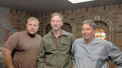 Working on the restoration were, from left, Joshua Parise, manager and designer of Pittsburgh Pond and Stone Co., Oakmont; architect Bob Baumbach; and Al DePasquale, owner and developer.