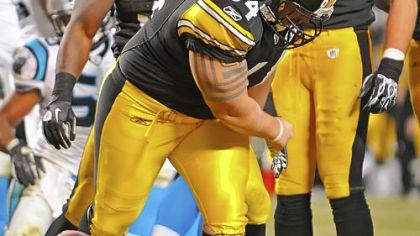 Steelers guard Doug Legursky spikes the ball after a Rashard Mendenhall touchdown last season against the Carolina Panthers at Heinz Field.