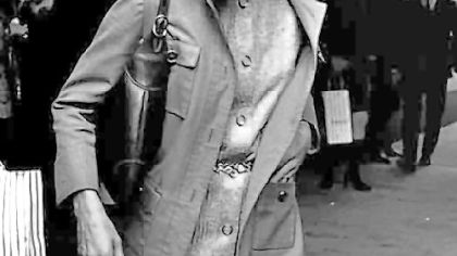 Jackie Onassis at  Bonwitt Teller on Fifth Avenue, New York, Oct. 15, 1970. This photo, copyrighted by Ron Galella. who followed her relentlessly, is on display at The Andy Warhol Museum.