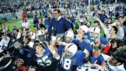 Penn State coach Joe Paterno is carried on the shoulder of his Nittany Lions players after they beat Miami, 14-10, in the Fiesta Bowl in Tempe, Ariz., Friday, Jan. 2, 1987.