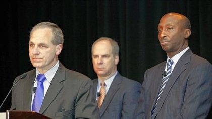 Former FBI director Louis Freeh, left, answers questions Monday in Philadelphia as Ron Tomalis, vice chairman of the Penn State special committee, center, and Ken Frazier, chairman of the commission, stand nearby during a news conference to announce Mr. Freeh will lead an independent investigation into allegations of child abuse by a former university employee.
