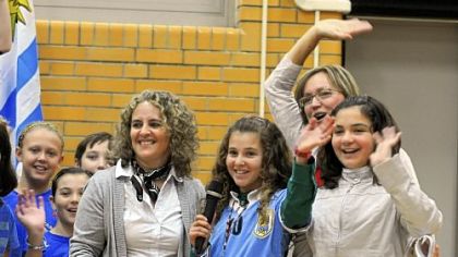 Greeting their class in Uruguay, from left, are teacher Claudia Lopez Zapata, Valentina "Vale" Fontora, Valentina "Naomi" Mezquida. Behind them is Mt. Lebanon teacher Elaine Palmer.
