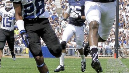 Indiana State defender Jonny Towalid (28) breaks up a pass intended for Penn State receiver Justin Brown.